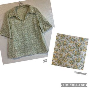 Vintage Handmade Floral Pullover Style V neck 1/2 Sleeve Blouse Size Large
